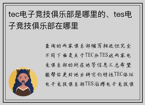tec电子竞技俱乐部是哪里的、tes电子竞技俱乐部在哪里